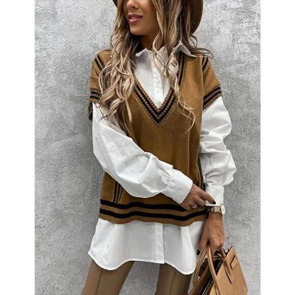 Brown Striped Knit V-Neck Oversized Sleeveless Square Pullover Sweater Vest - Picture 2 of 8